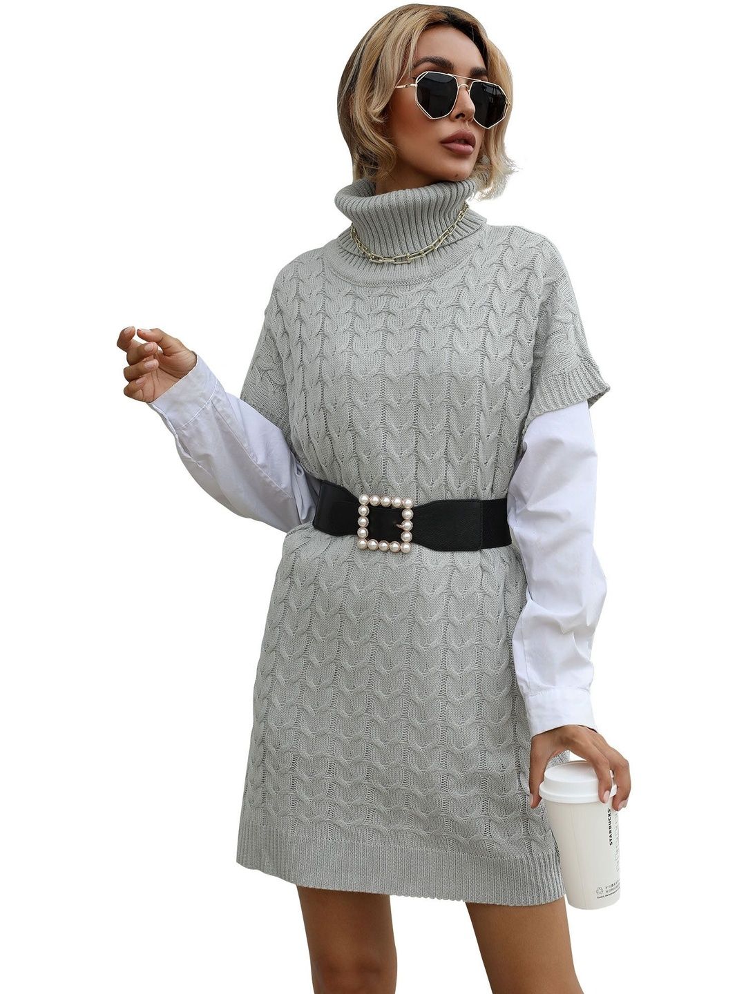 Women's Grey Cable Knit Sweater Vest Printed Regular Fit