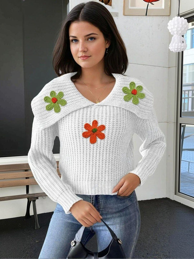 Floral Pullover with Applique Detail in White acrylic - Nowi Korean Fashion