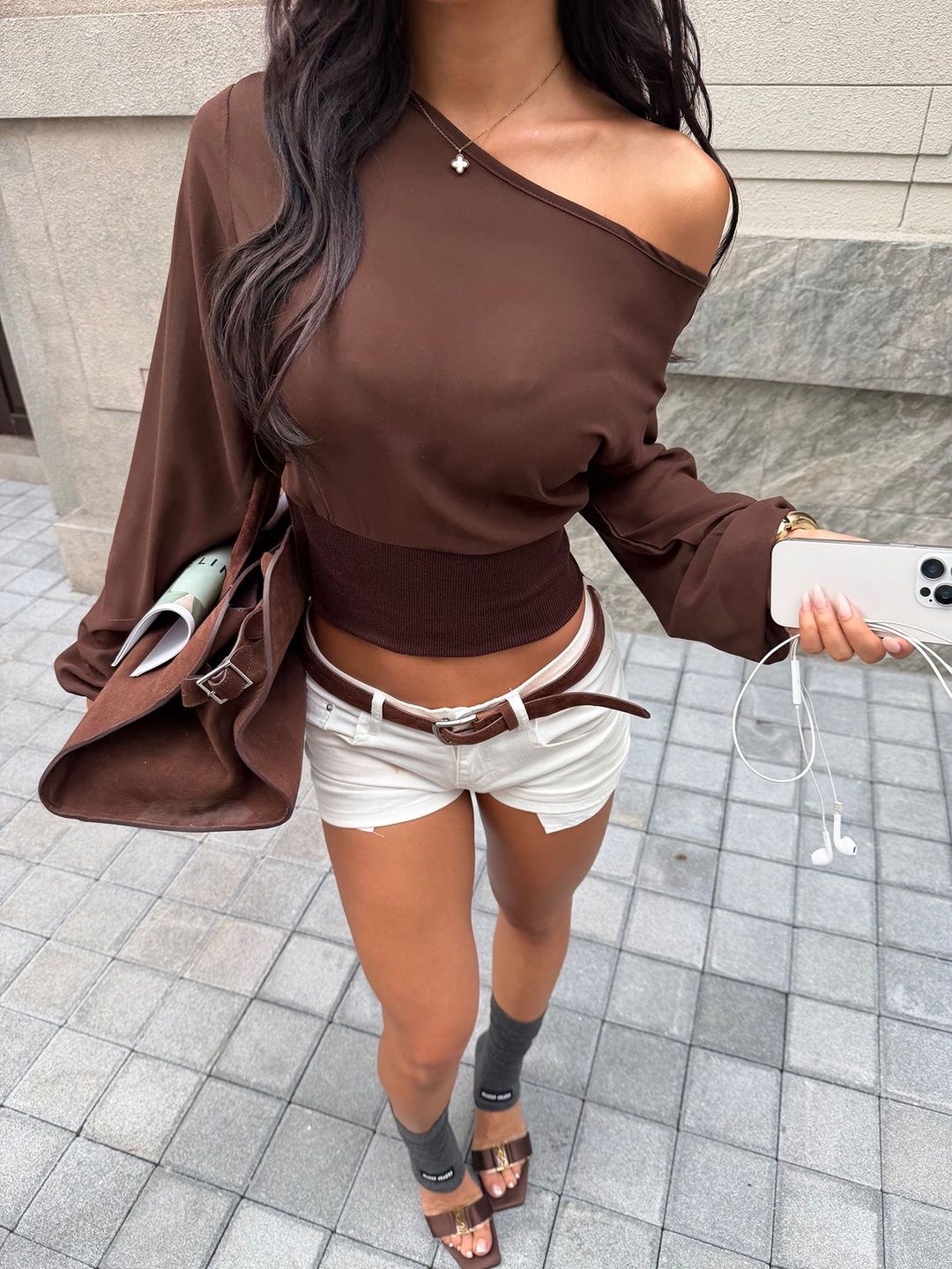 Women's Brown One Shoulder Top Blend Printed Regular Fit