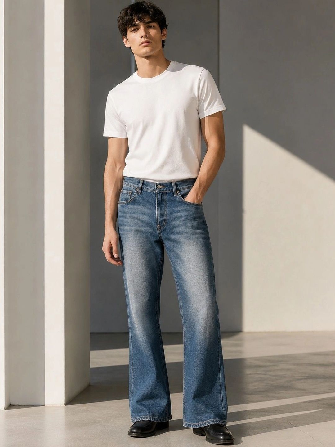 Men Bootcut Mid-Rise Low Distress Light Fade Jeans