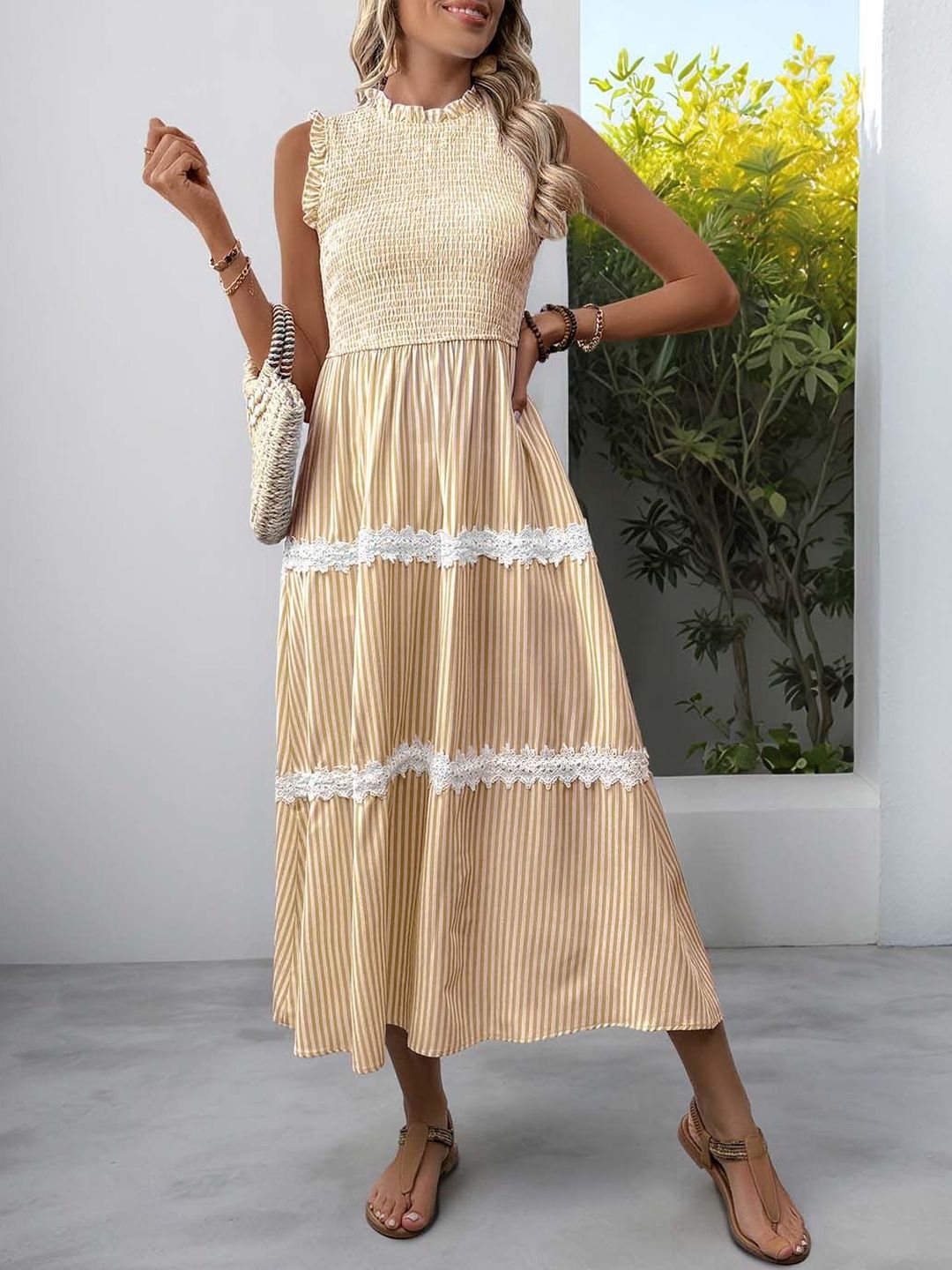 Striped Flutter Sleeve Maxi Midi Dress in Beige - Nowi Korean Fashion