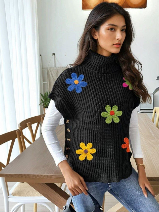 Colourblocked Ribbed Pullover with Applique Detail in Black acrylic - Nowi Korean Fashion