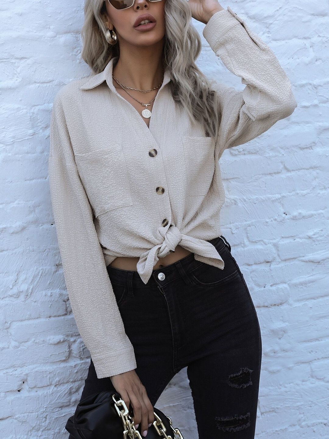 Casual Shirt in Beige Cotton Long Sleeve - Nowi Korean Fashion