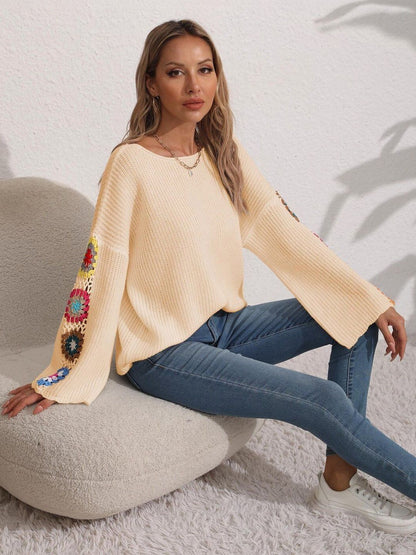 Women Colourblocked Ribbed Pullover with Embellished Detail