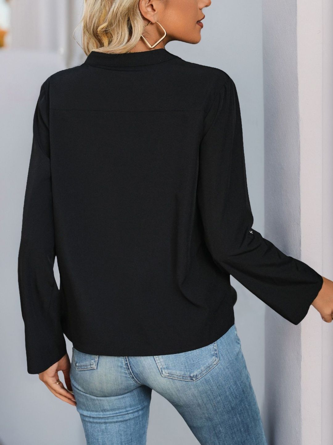 Mandarin Collar Roll-Up Sleeves Top
