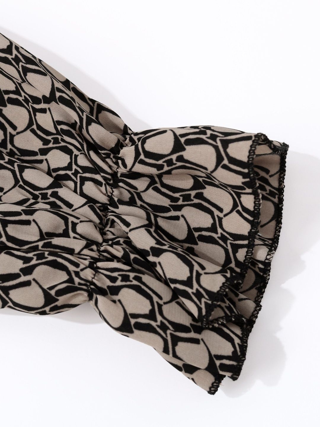 Women's Beige Print Flared Sleeve Ruffles Wrap Top