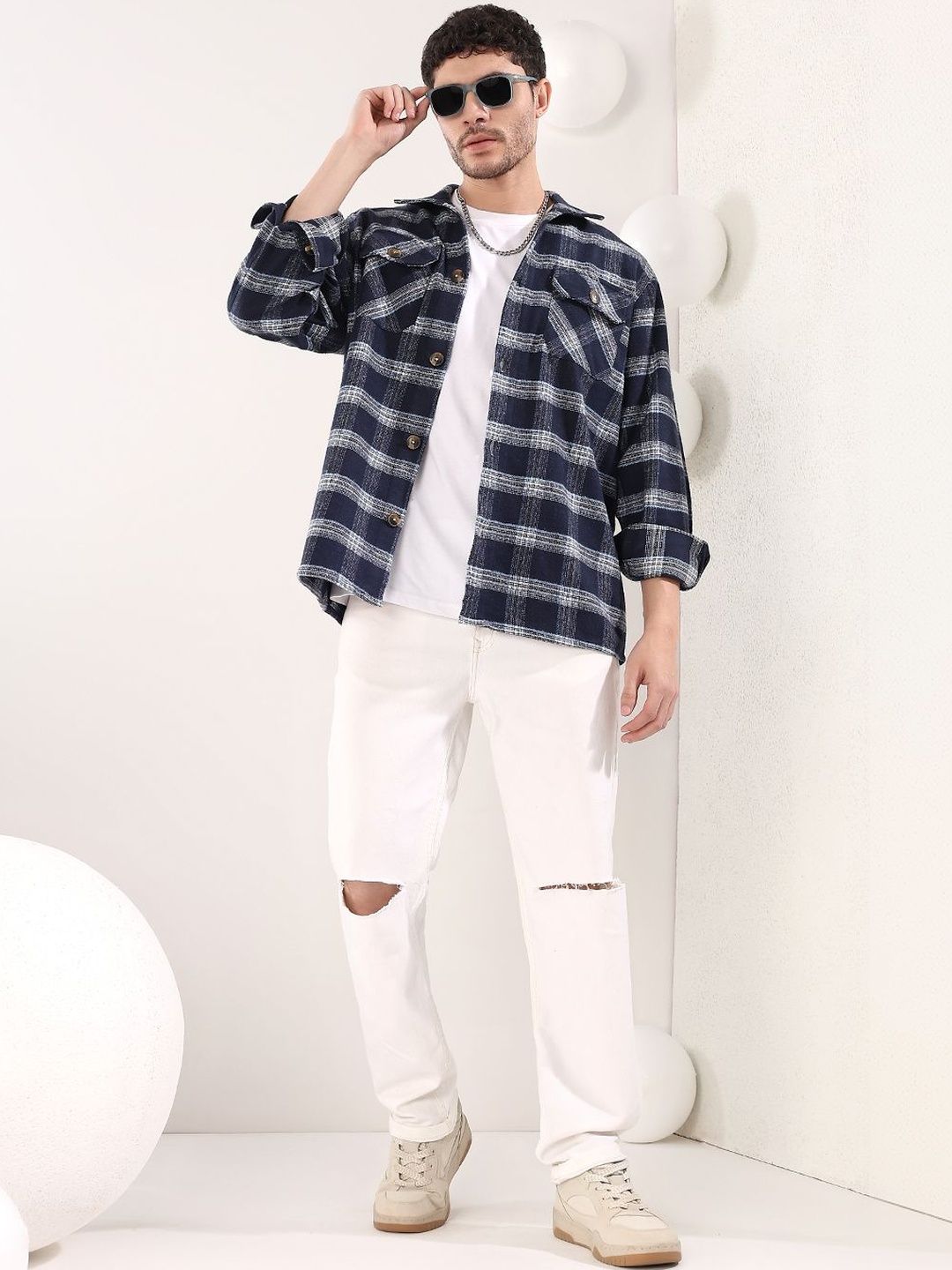 Printed Spread Collar Shackets in Blue cotton - Nowi Korean Fashion