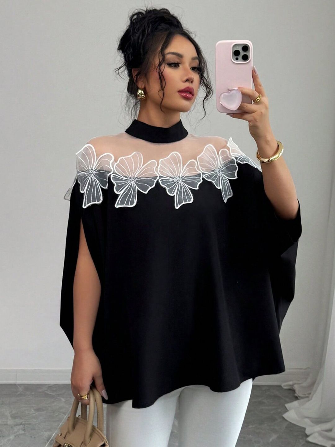 Women Floral Semi Sheer Party Shirt