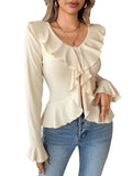 NOWI Flared Sleeve Ruffles Peplum Top - Nowi Korean Fashion