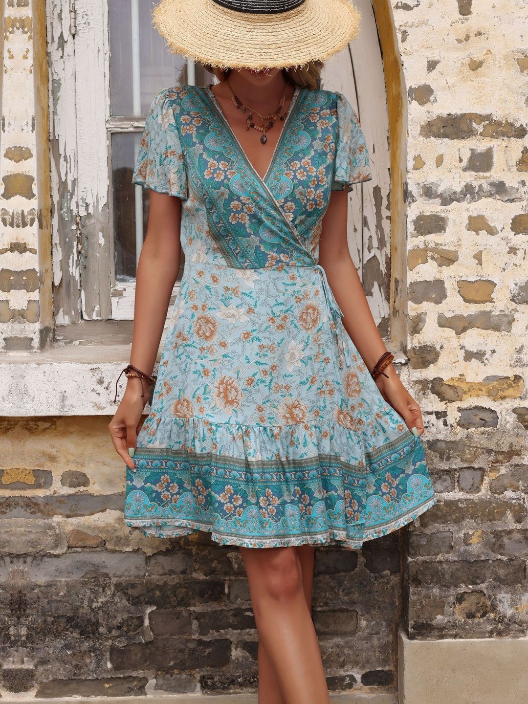 Floral Print Flared Sleeve Ruffled Dress in Blue cotton - Nowi Korean Fashion