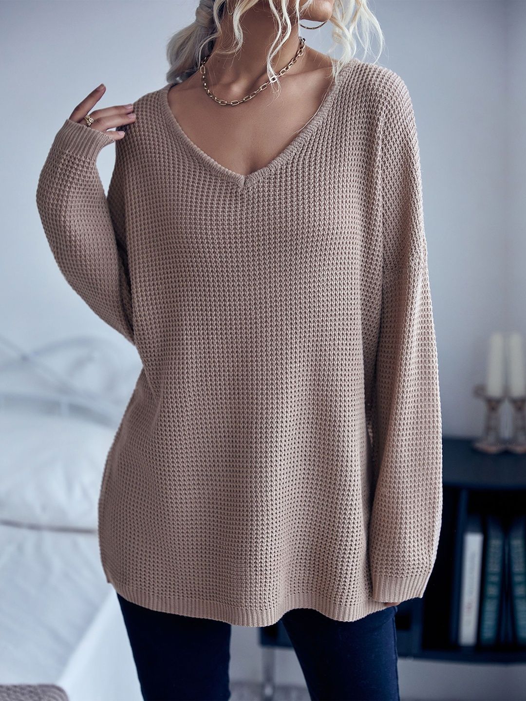 Women's Beige Ribbed Pullover Blend Printed Regular Fit