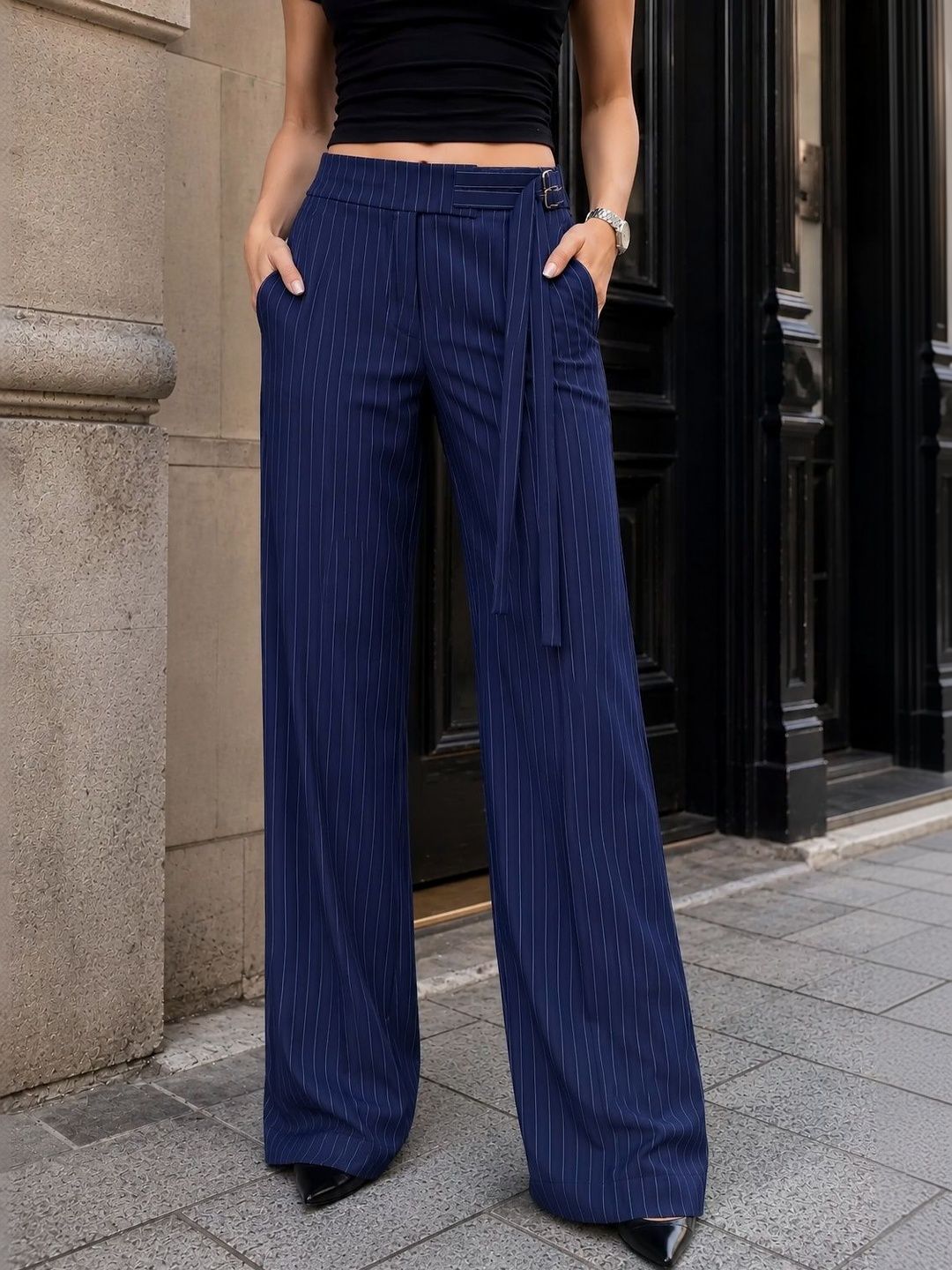 Women Striped Relaxed High-Rise Pleated Trousers