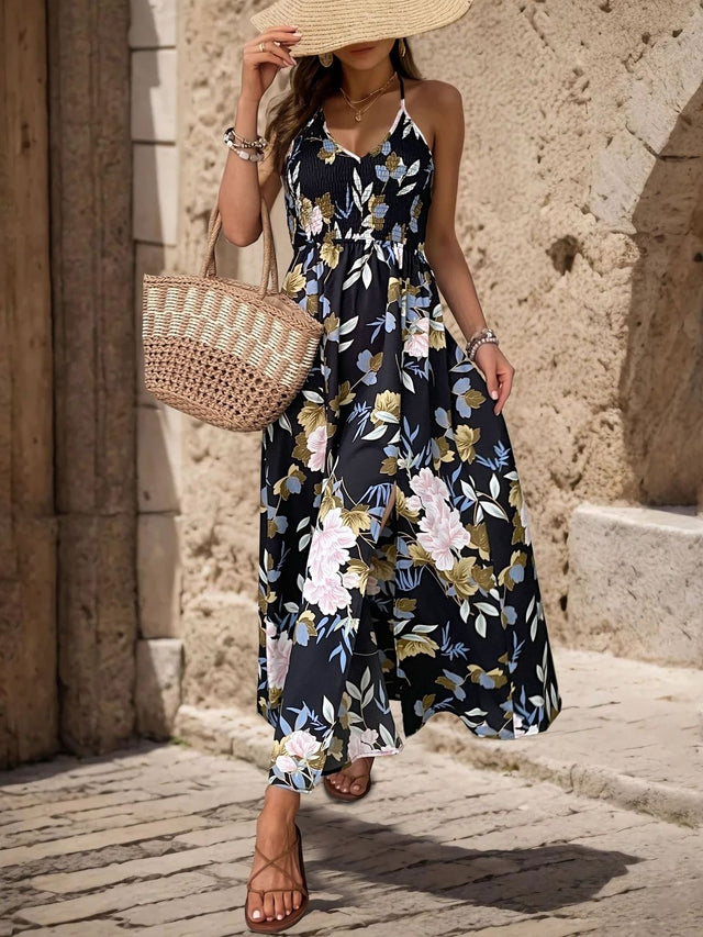 Floral Print Maxi Dress in Black cotton - Nowi Korean Fashion