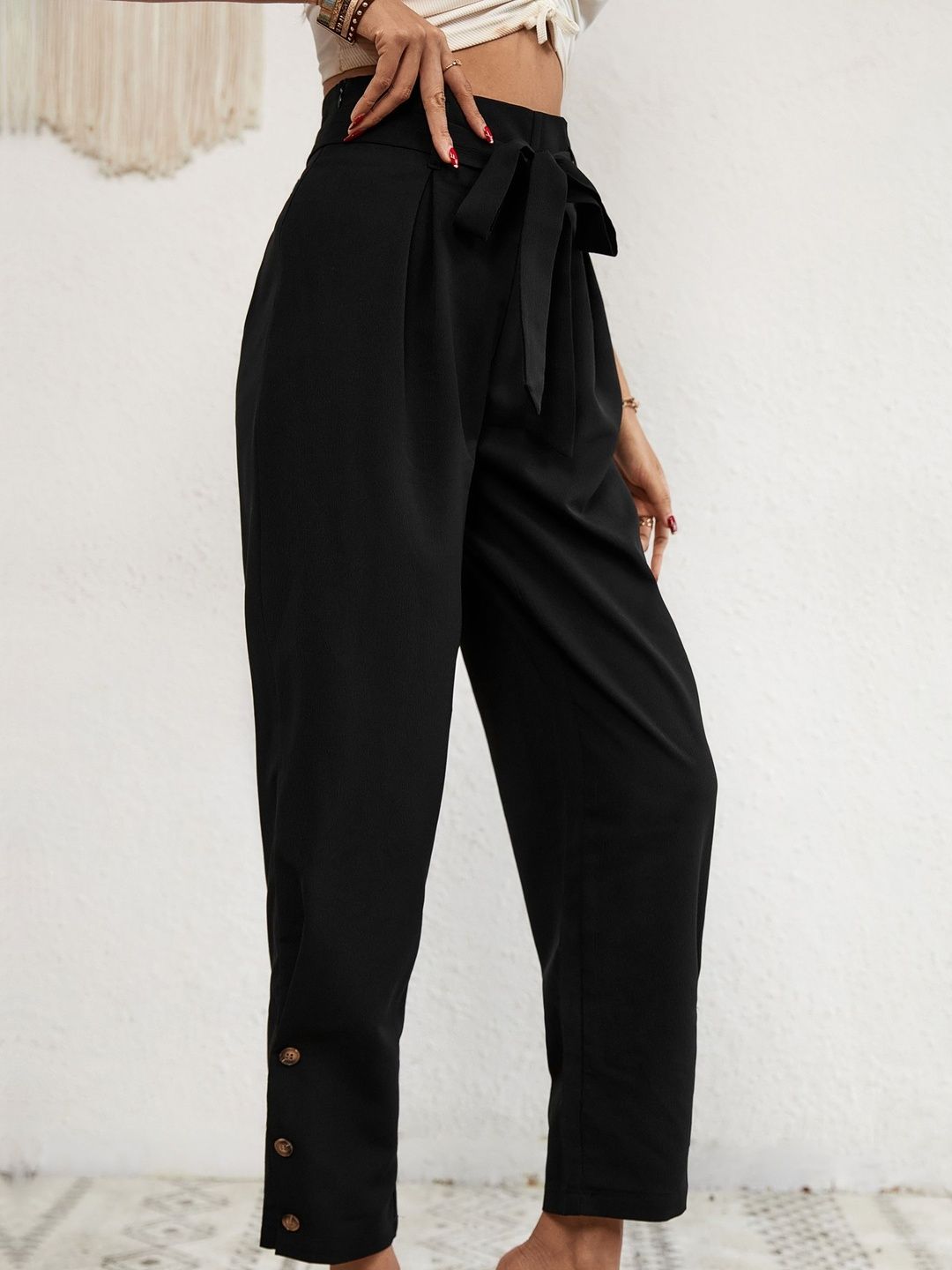 Women Loose Fit High-Rise Non Iron Pleated Trousers