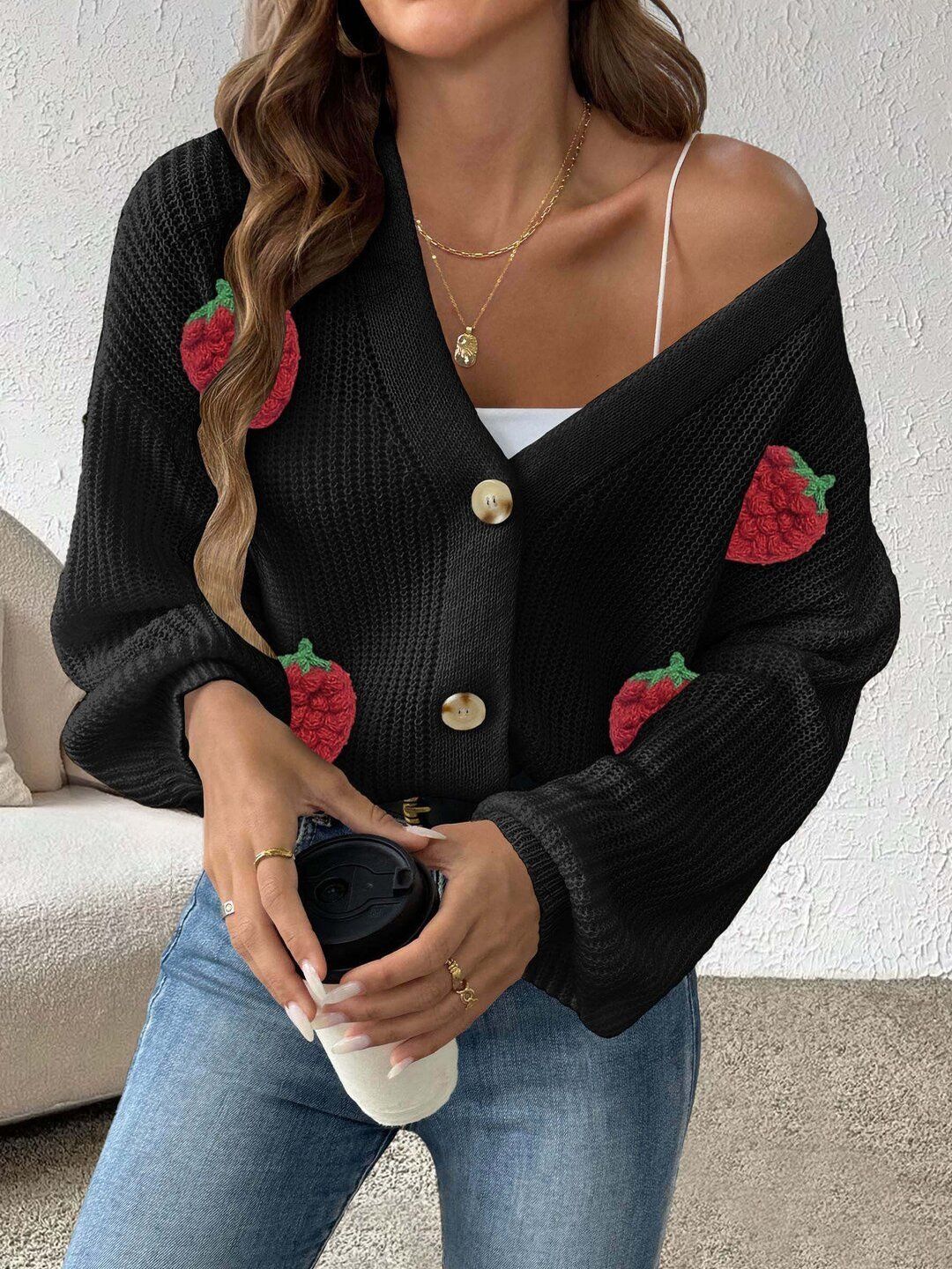 Women Cable Knit Cardigan with Applique Detail
