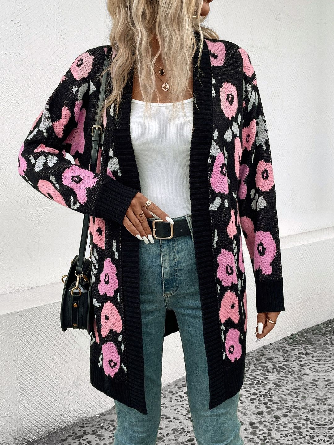 Women's Black Floral Printed Cardigan Blend Regular Fit
