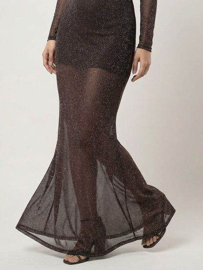 Women's Brown Off-Shoulder Sheath Maxi Dress Blend