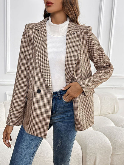 Women's Beige Checked Comfort Fit Double-Breasted Blazer