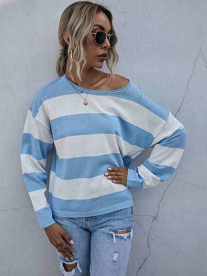 Women's Blue Striped Pullover Blend Regular Fit