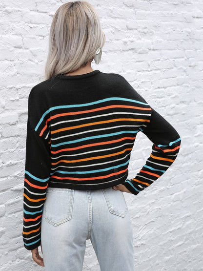 Women's Black Rainbow Striped Crop Pullover