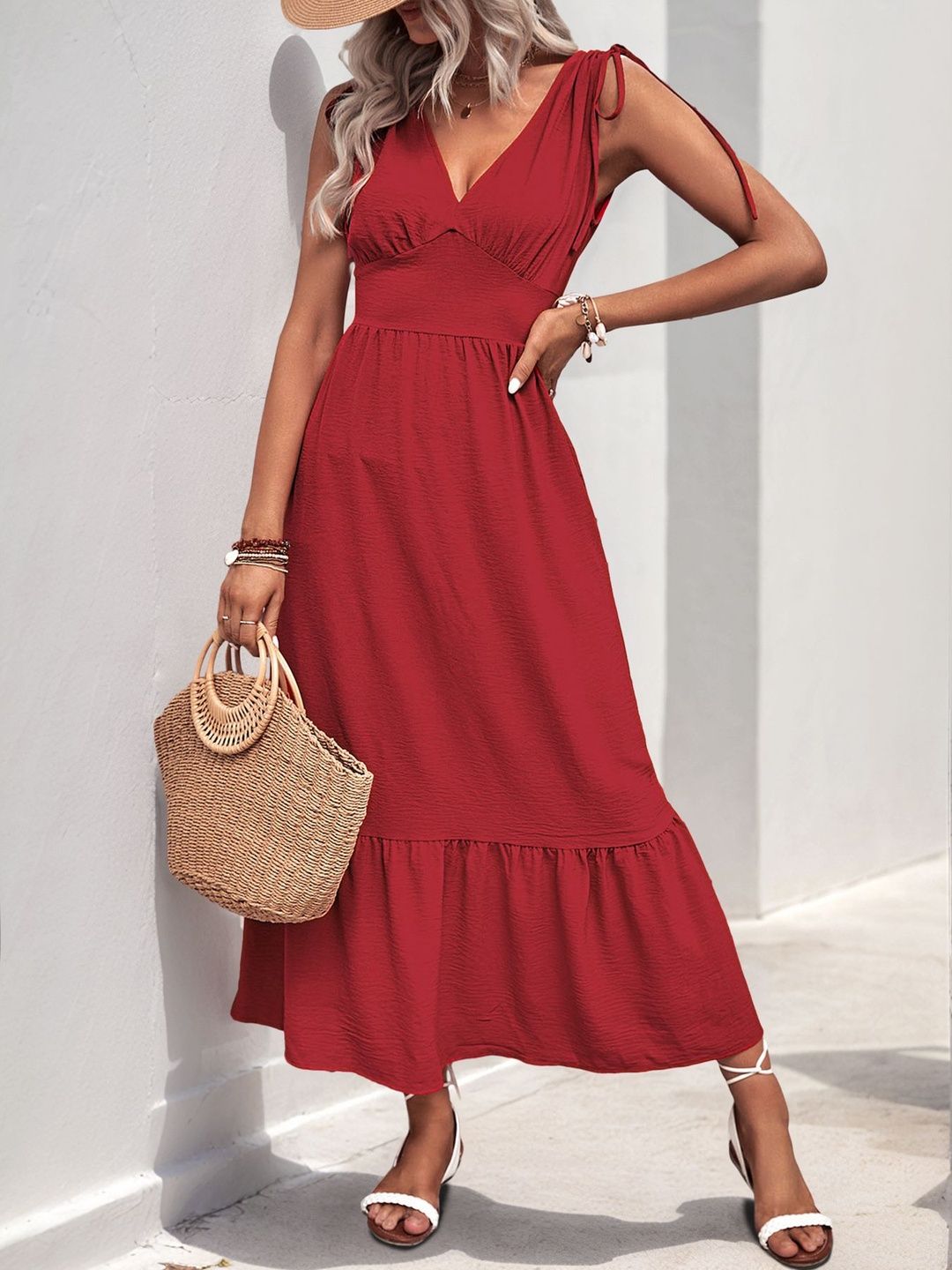 A-Line Midi Dress in Red cotton - Nowi Korean Fashion