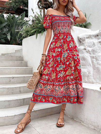 Print Fit & Flare Midi Dress in Red cotton Printed - Nowi Korean Fashion