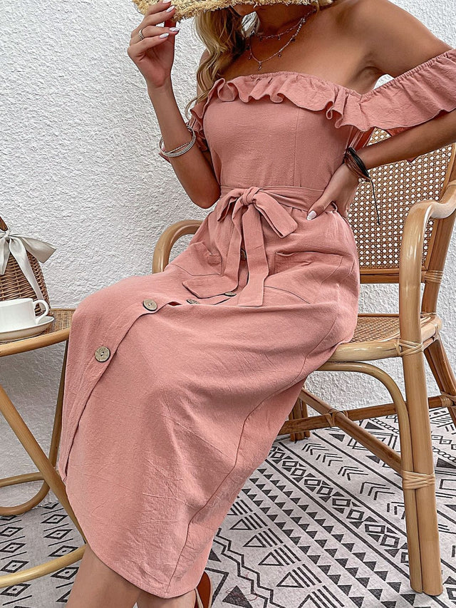 Off-Shoulder Flutter Sleeve Ruffled A-Line Midi Dress - Nowi Korean Fashion