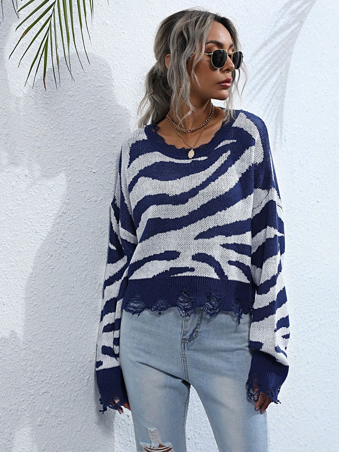 Animal Printed Crop Pullover in Blue - Nowi Korean Fashion