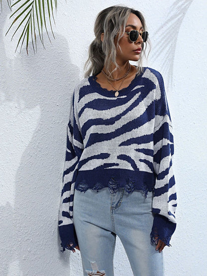 Animal Printed Crop Pullover in Blue - Nowi Korean Fashion