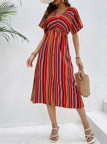 Striped Flared Sleeve A-Line Midi Dress