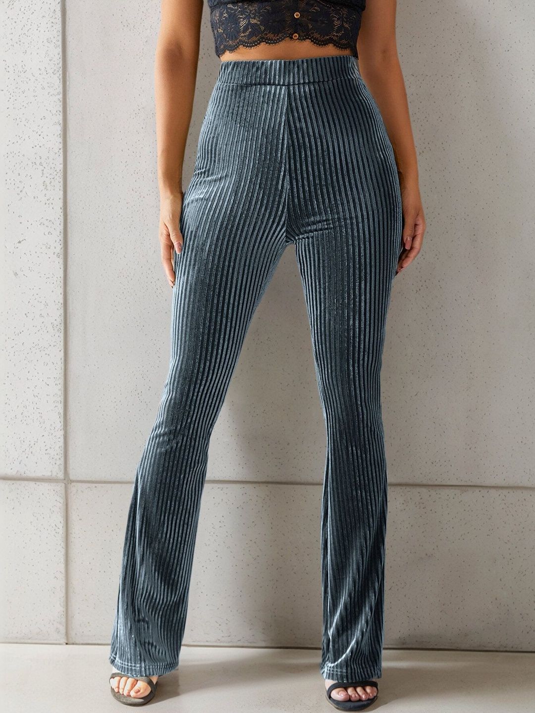 Women Textured Flared High-Rise Trousers