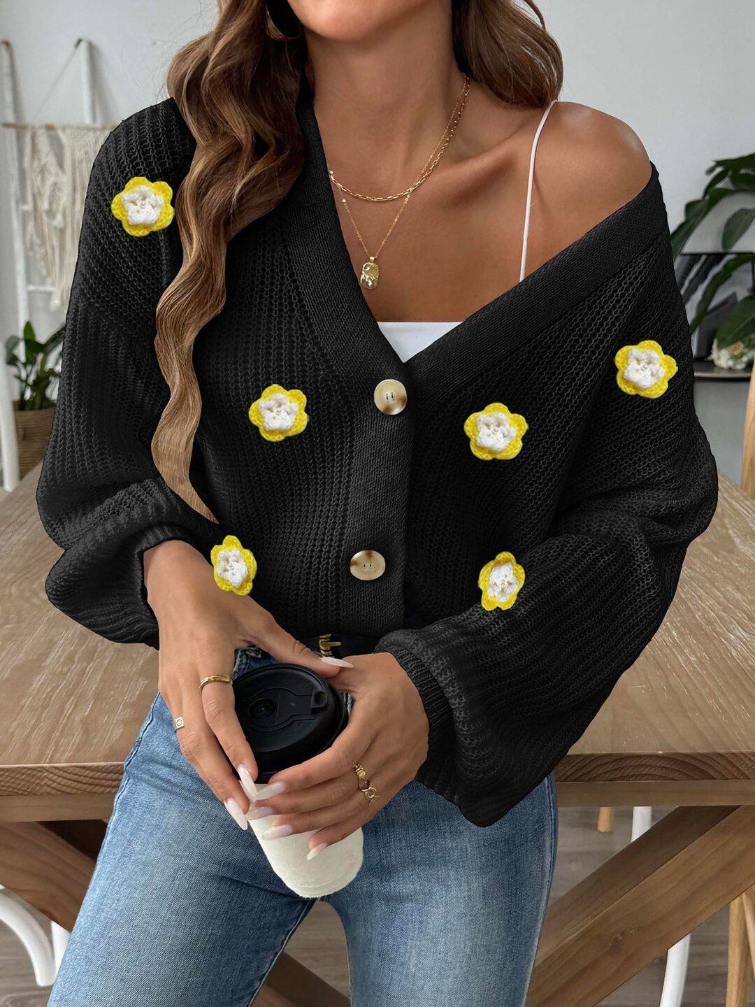 Women Crop Cardigan with Applique Detail