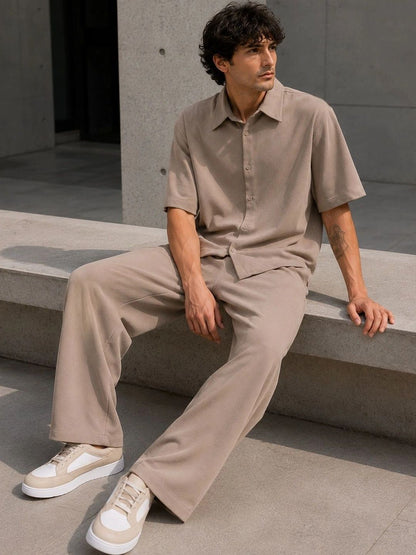 Men Brown Solid Shirt with Trousers Co-Ords