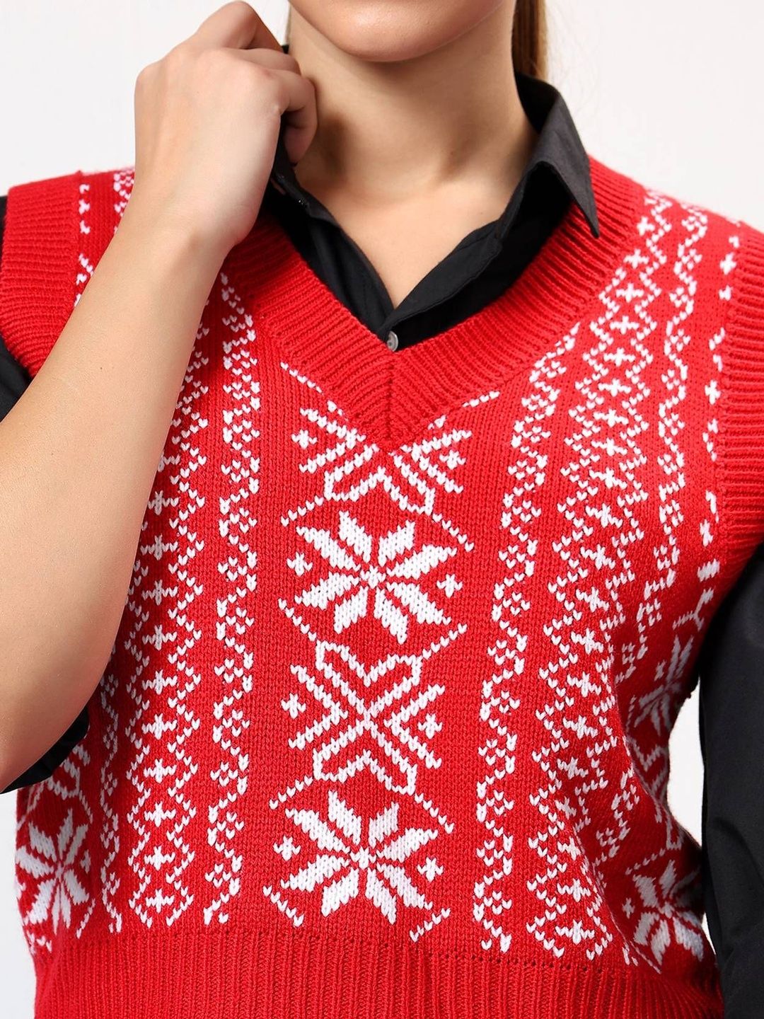 NOWI Women Fair Isle Printed Woollen Crop Sweater Vest