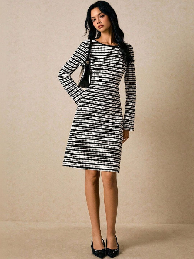 Striped A-Line Dress in Black cotton - Nowi Korean Fashion