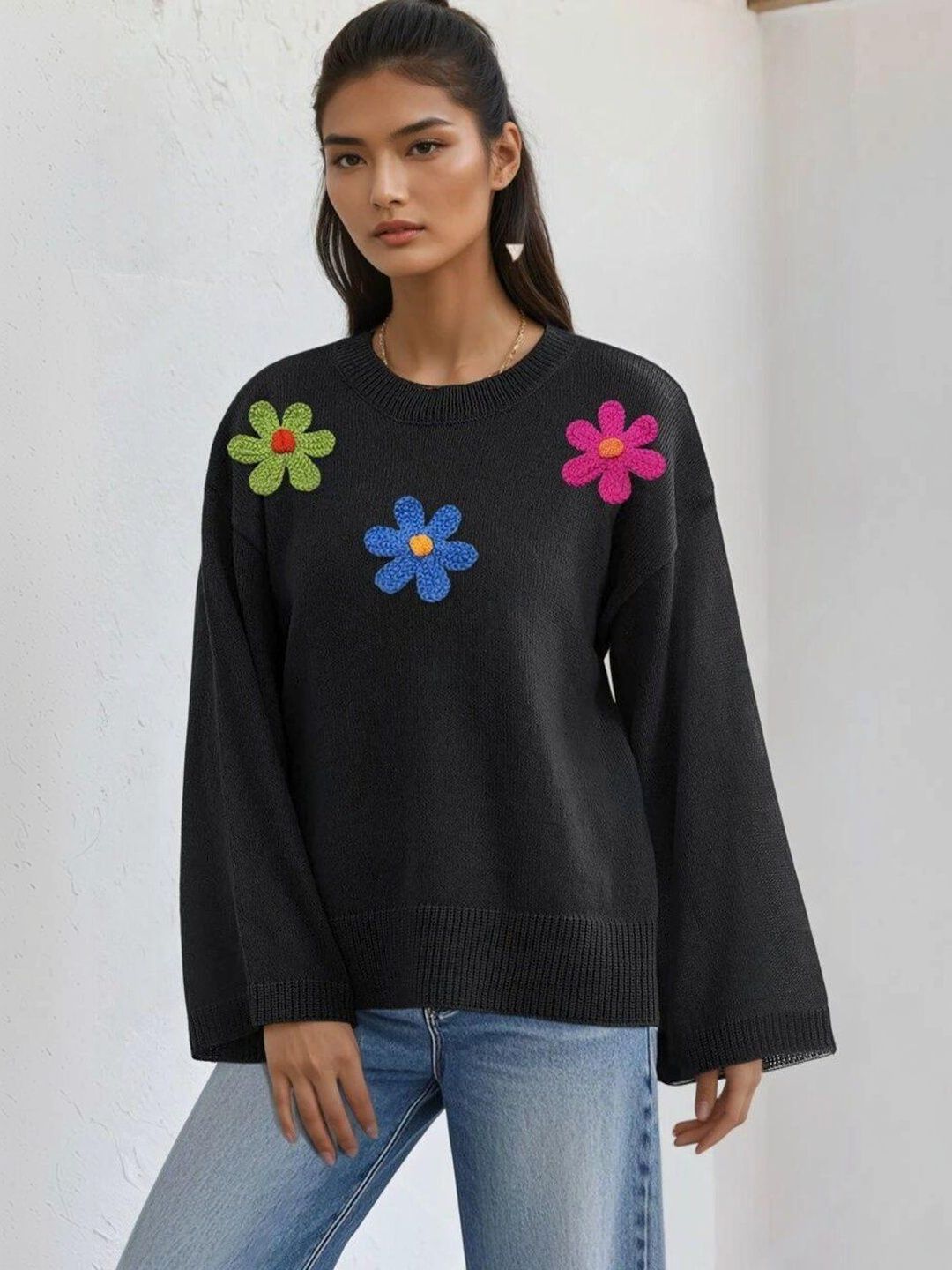 Floral Printed Pullover with Embroidered Detail in Black cotton - Nowi Korean Fashion