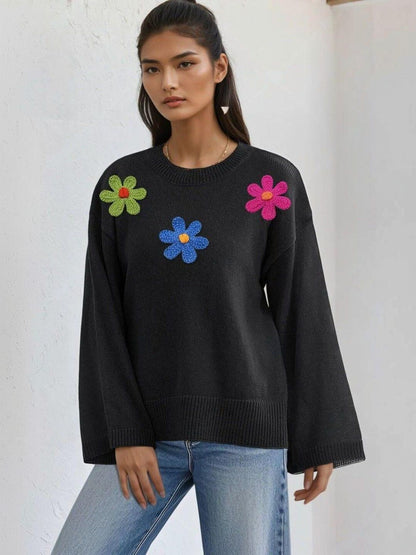 Floral Printed Pullover with Embroidered Detail in Black cotton - Nowi Korean Fashion