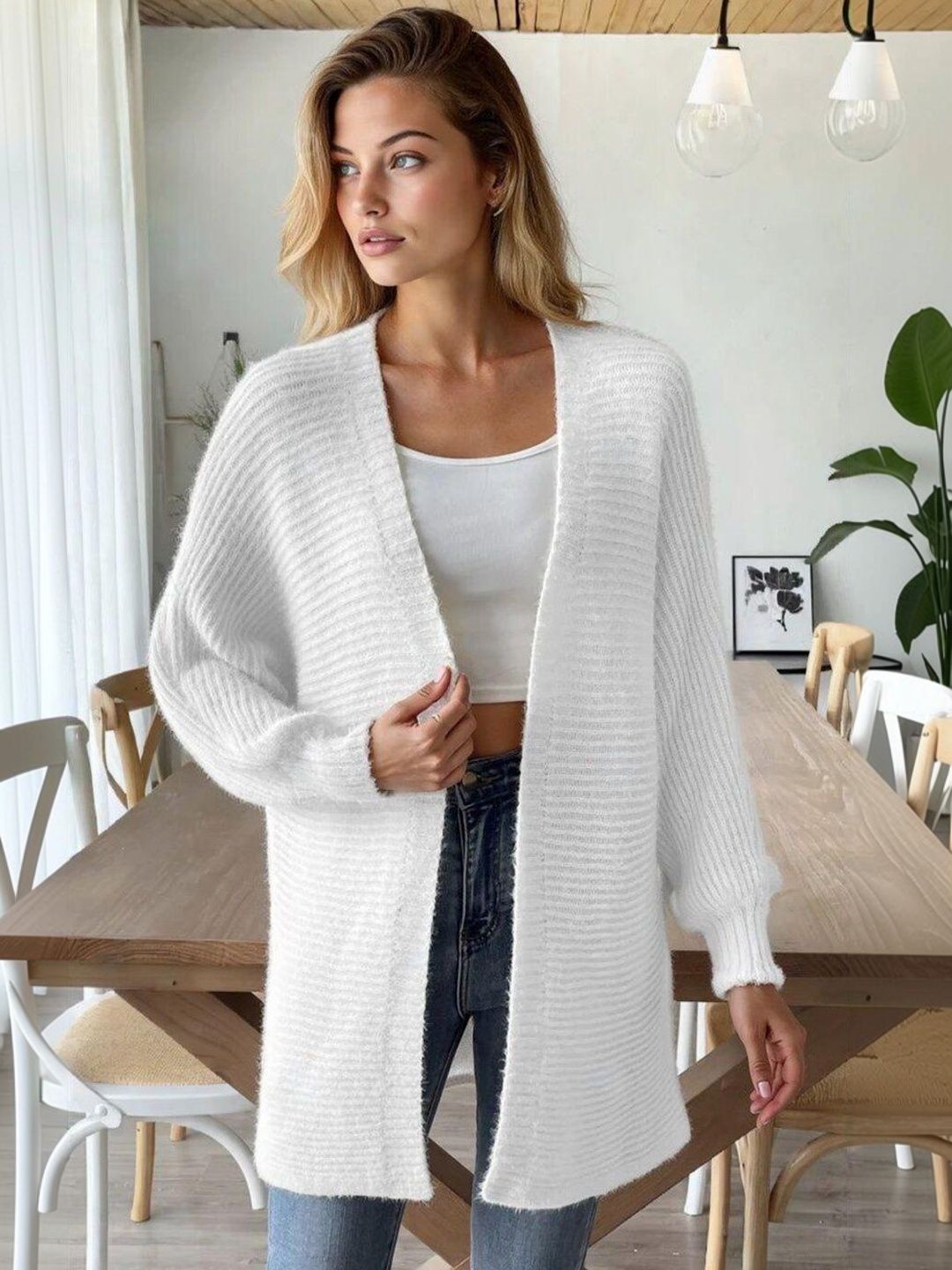 Ribbed Cardigan with Fuzzy Detail in White acrylic - Nowi Korean Fashion