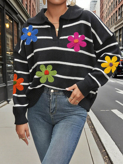 Women Striped Pullover with Embroidered Detail