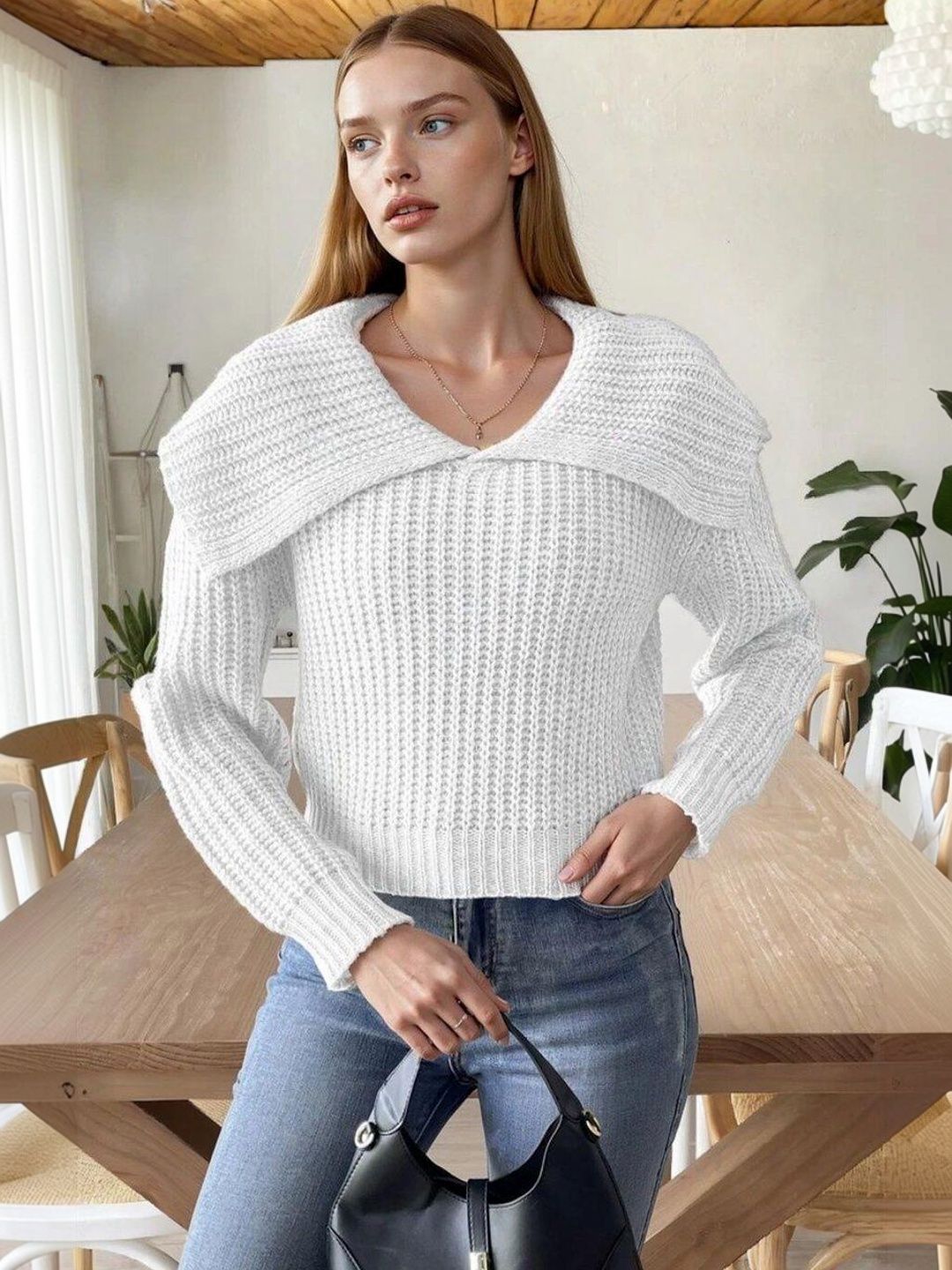 Ribbed Pullover in White acrylic Style 322 - Nowi Korean Fashion