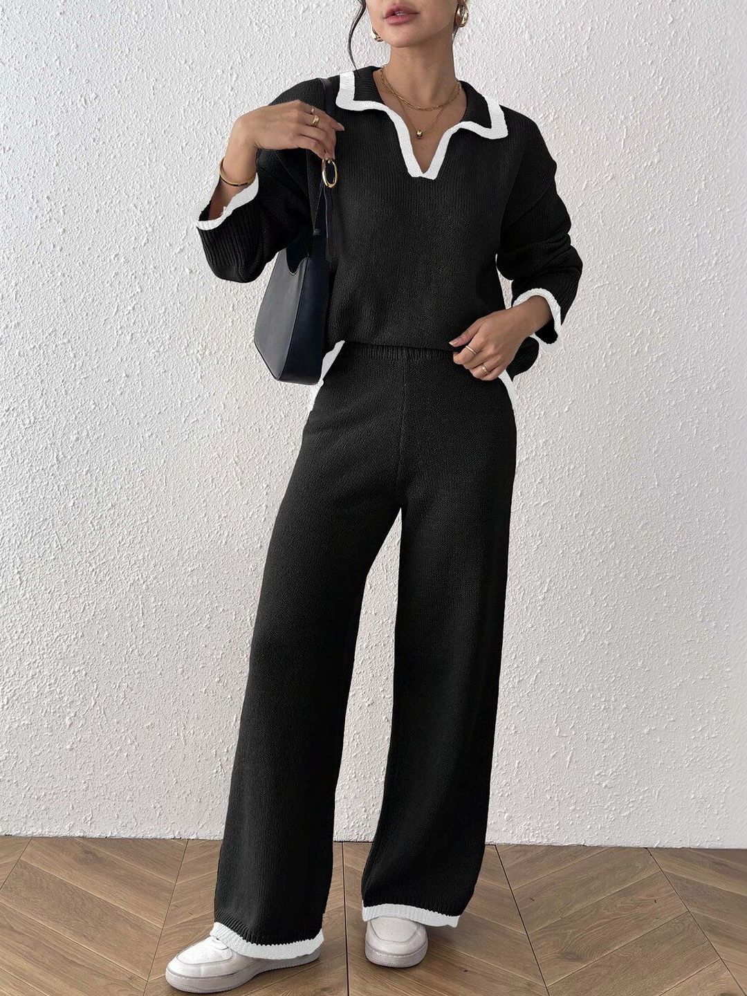 Knitted Solid Sweater with Palazzos