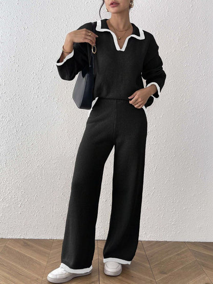 Knitted Solid Sweater with Palazzos
