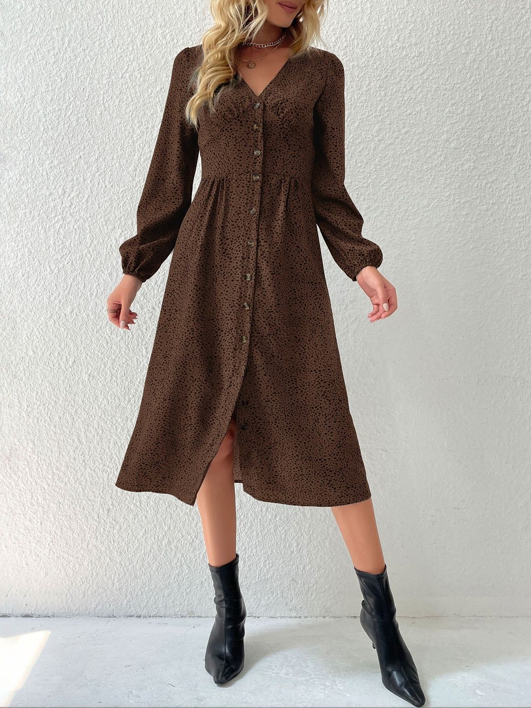 Women's Brown Animal Print A-Line Midi Dress Blend