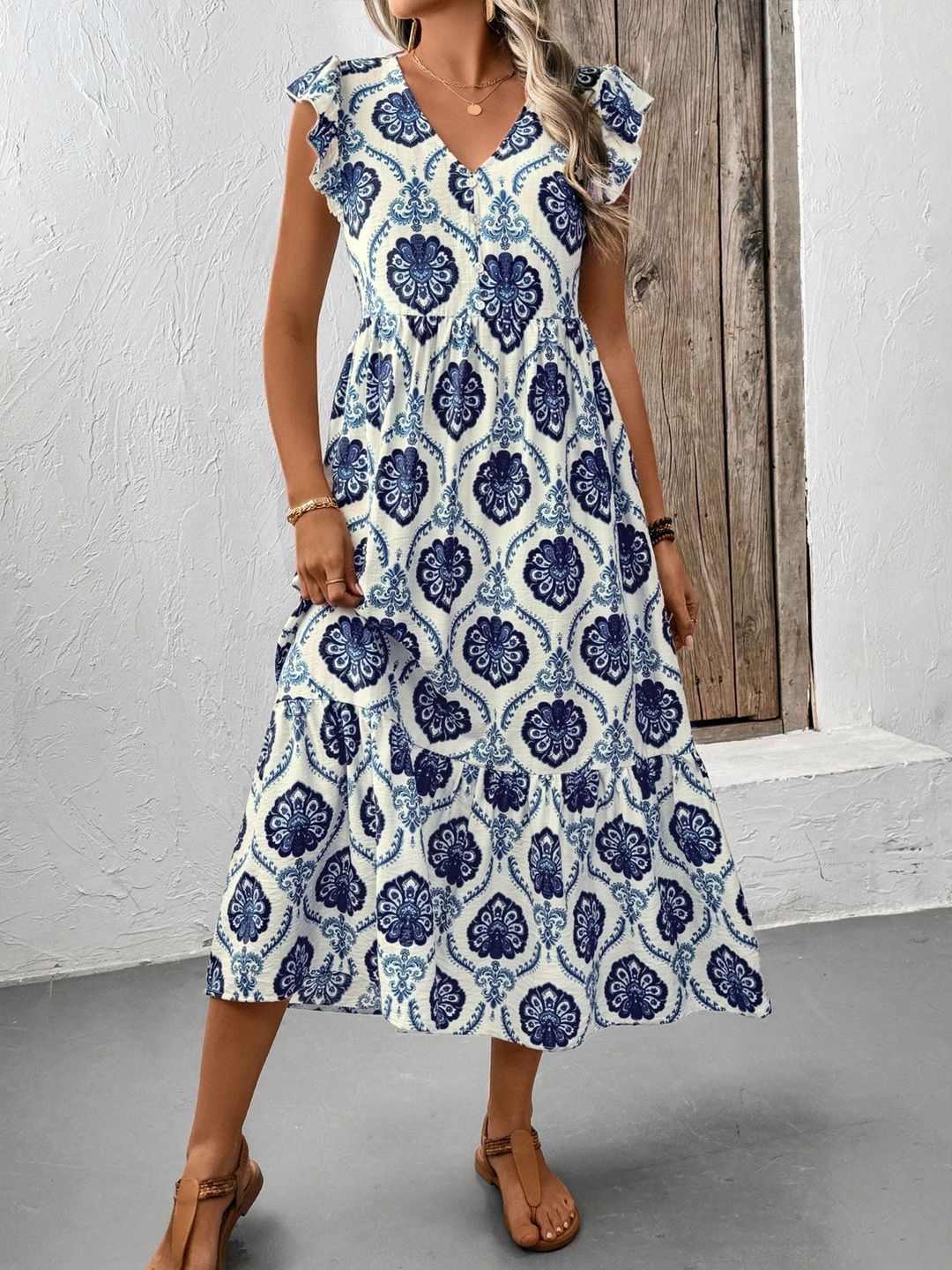 Bohemian Ethnic Motif Midi Dress with Flutter Sleeves