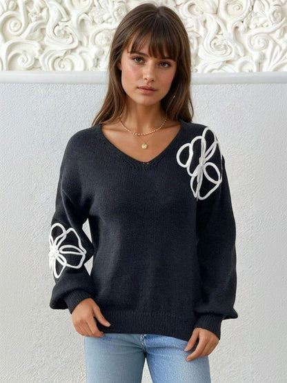 Floral Pullover with Embroidered Detail in Black acrylic Long Sleeve - Nowi Korean Fashion