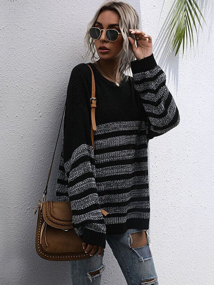 Women's Black Striped Pullover Blend Regular Fit