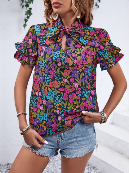 Floral Print Tie-Up Neck Flutter Sleeve Ruffles Cotton Top - Nowi Korean Fashion