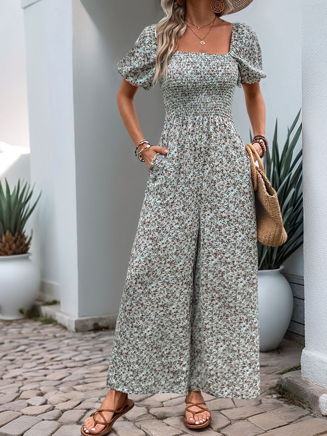 Printed Basic Jumpsuit in Green cotton Style 13 - Nowi Korean Fashion