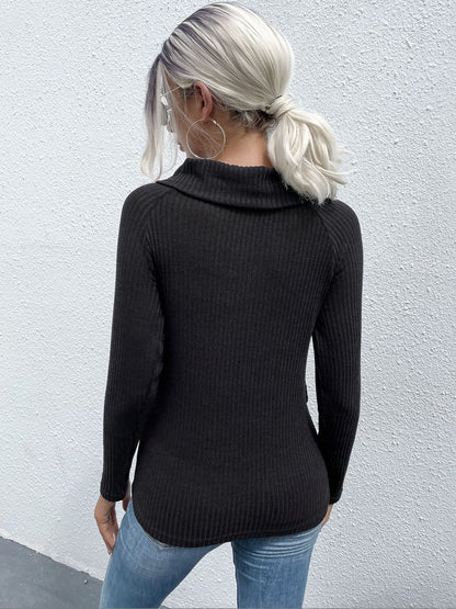 Women's Black Ribbed Pullover Blend Printed Regular Fit