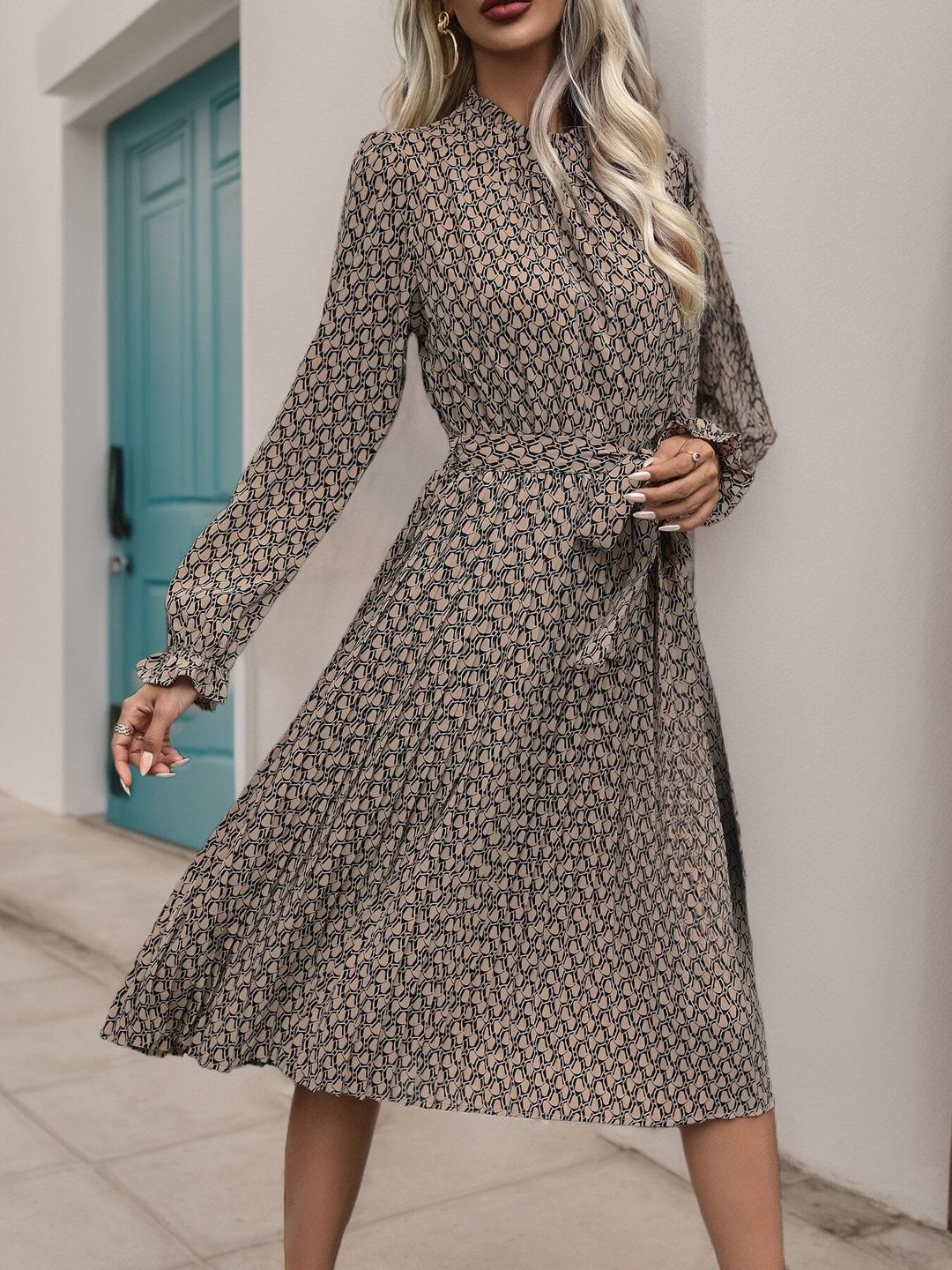 Women's Brown Print Fit & Flare Midi Dress Blend Printed
